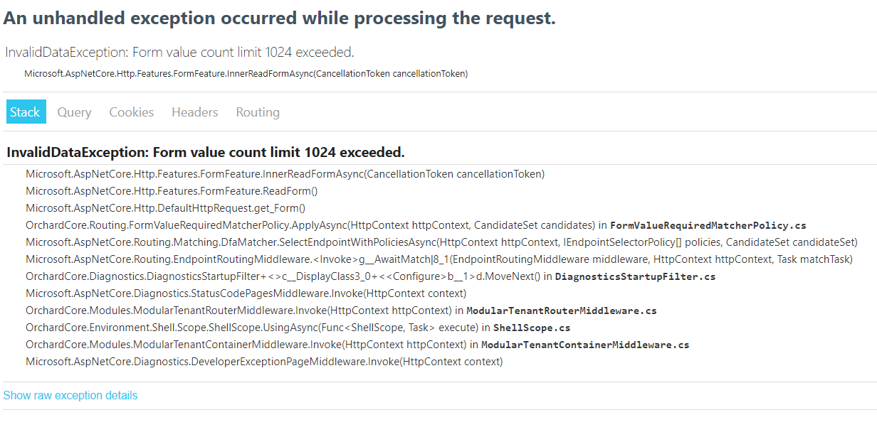 An ASP.NET Core Internal Server Error page showing an 