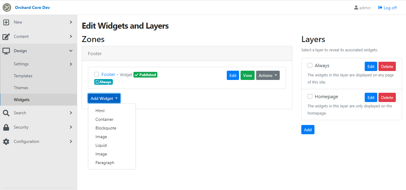 The Widgets and Layers admin page of Orchard Core, displaying zones and layers