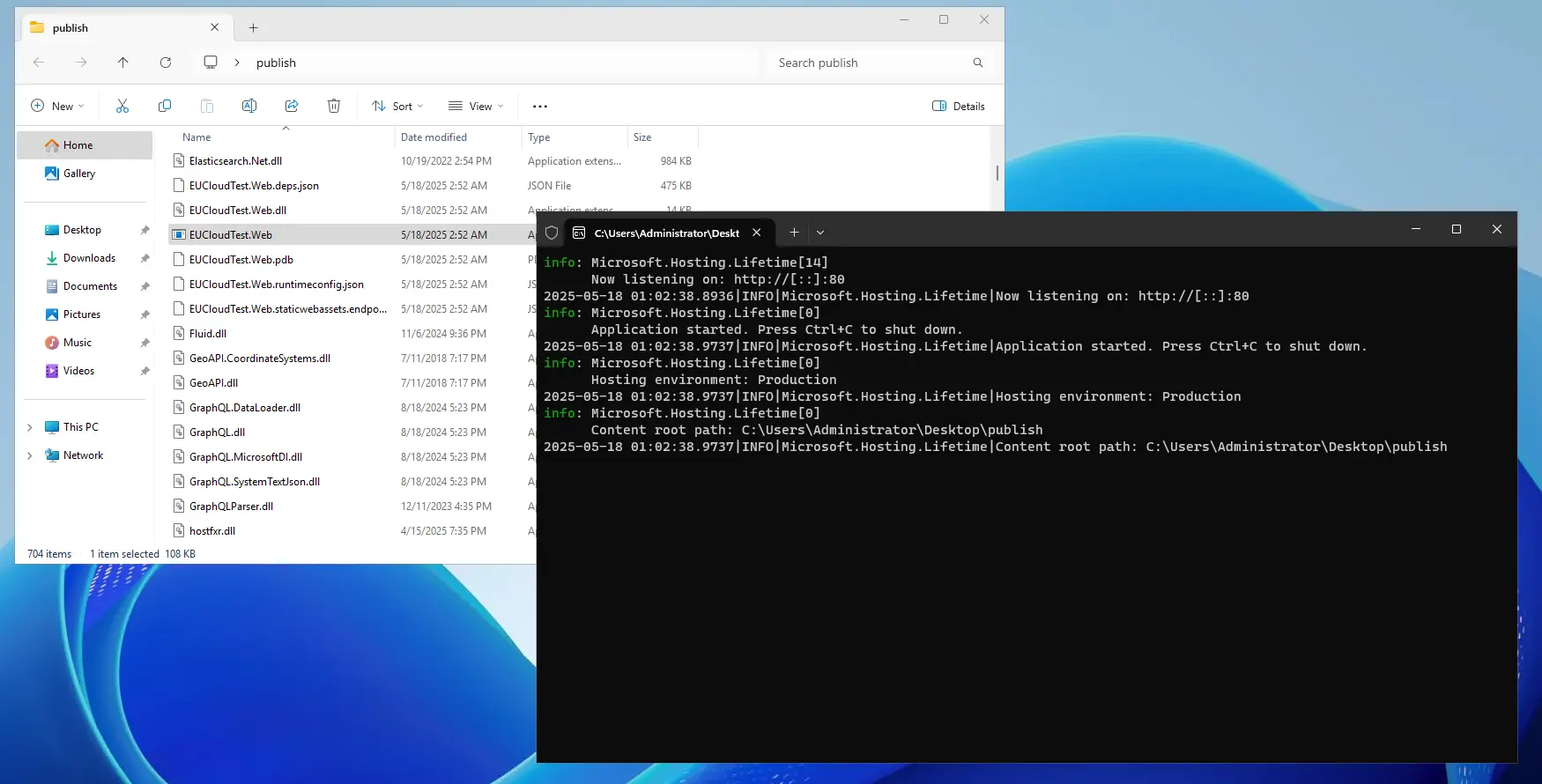 The Orchard Core app running under Windows Server