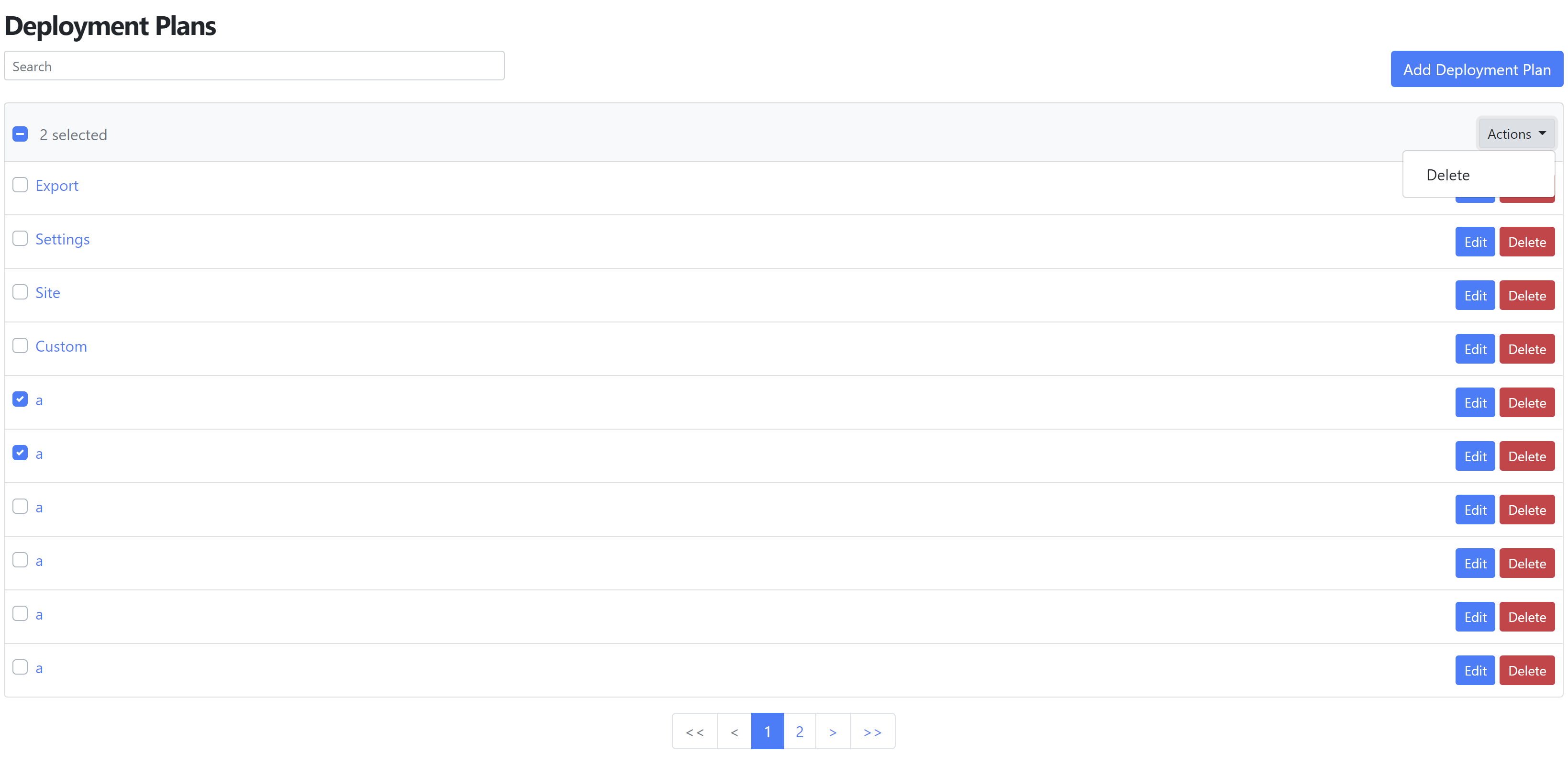Managing deployment plans with the new search box and bulk actions feature