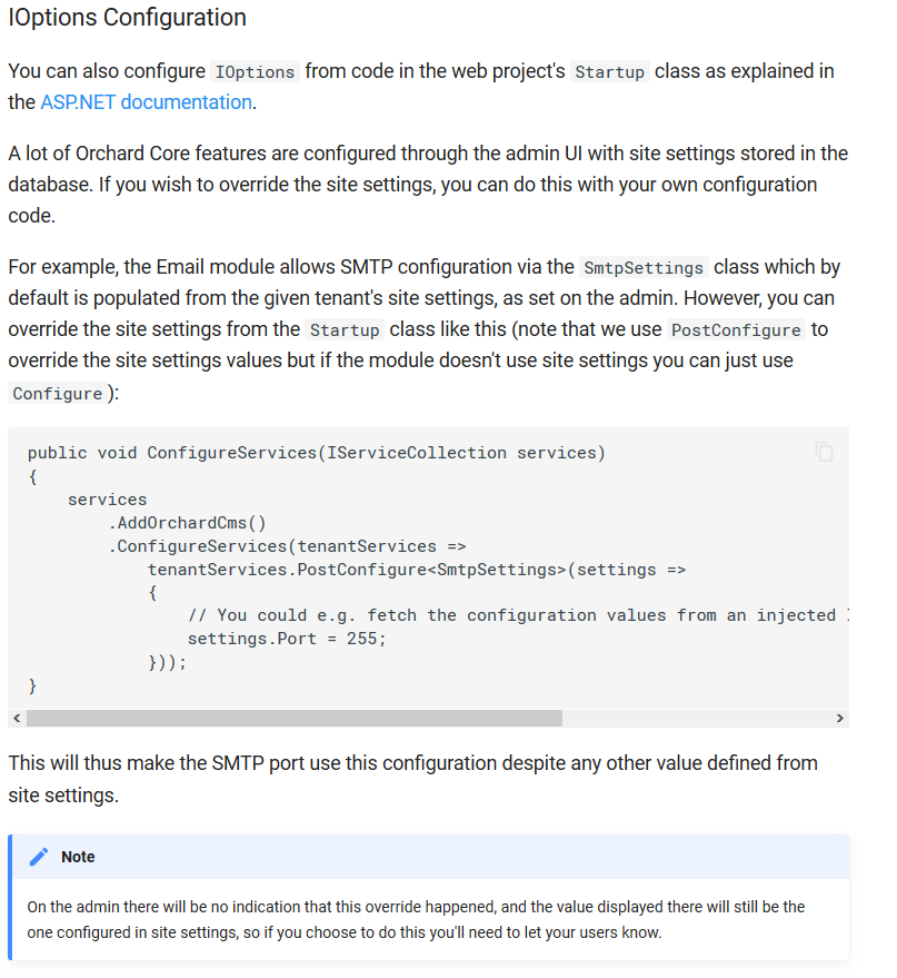Documentation about how to configure IOptions from code