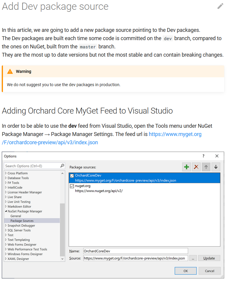 The documentation about how to Add Dev package source