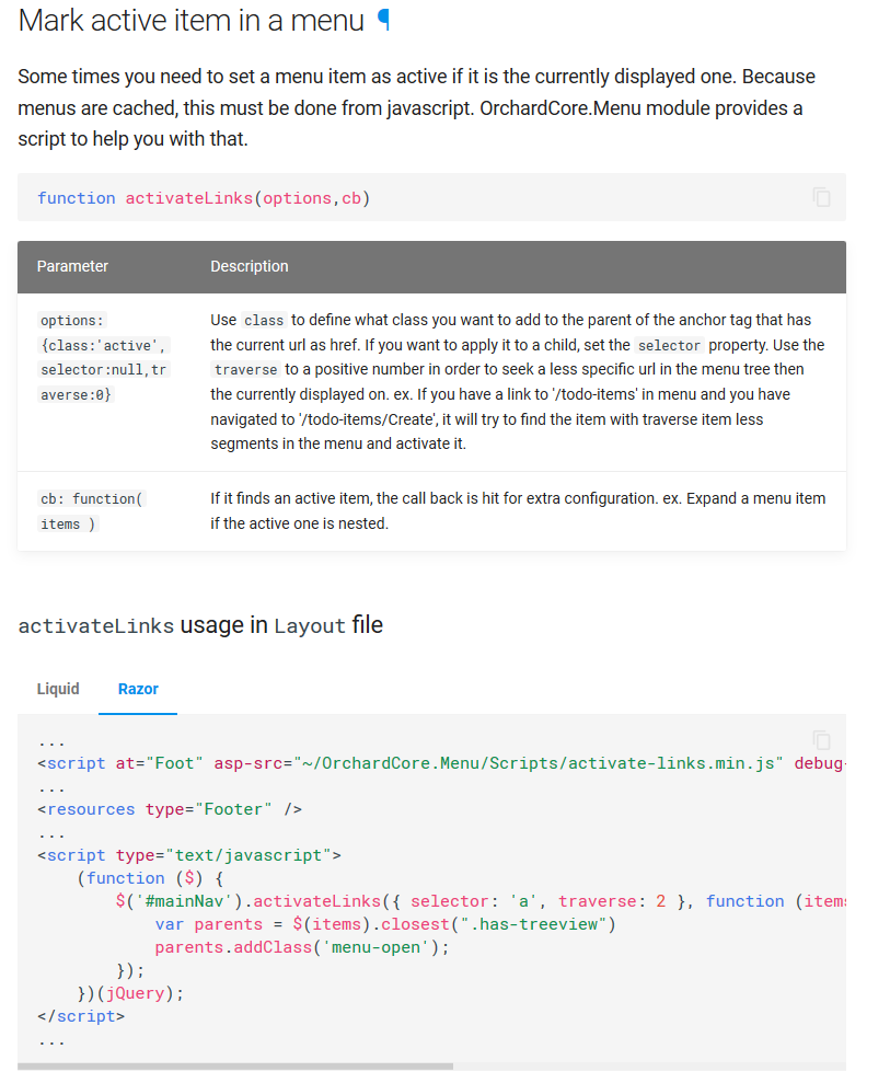 Documentation about how to mark the active item in a menu