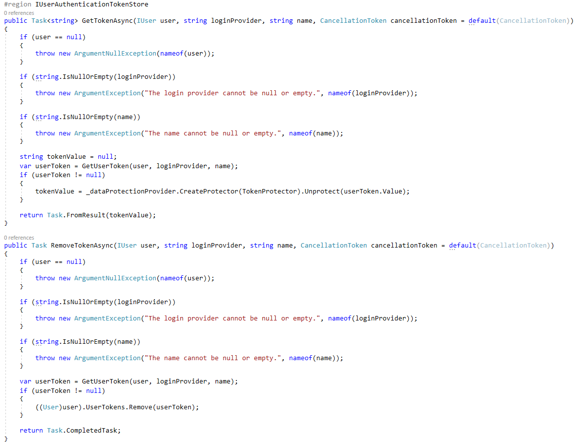 The GetTokenAsync and RemoveTokenAsync methods in UserStore