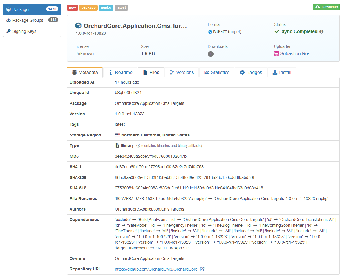 The OrchardCore.Application.Cms.Targets package in Cloudsmith