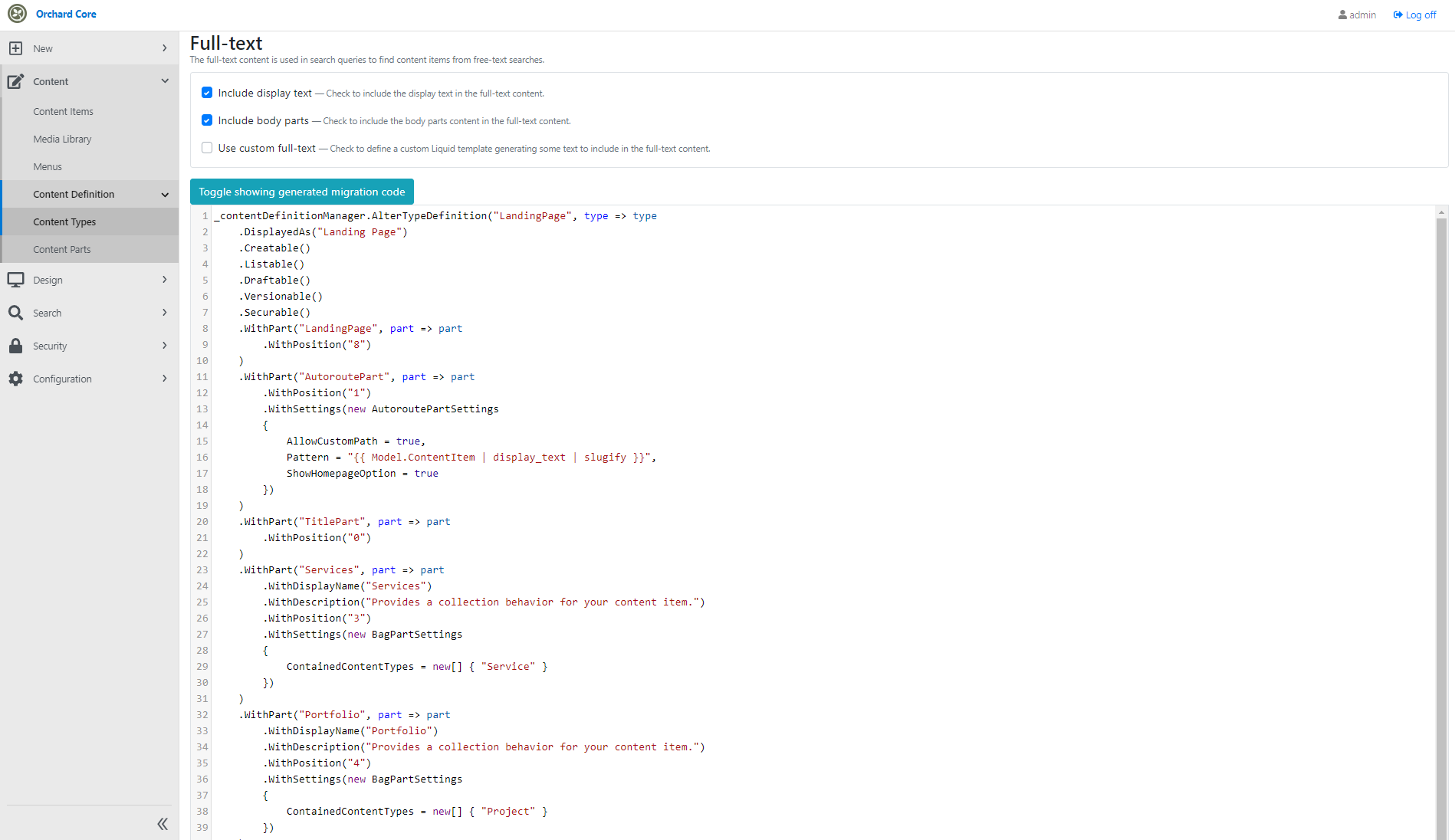 The generated migration code of the Landing Page content type using the Code Generation Helpful Extensions