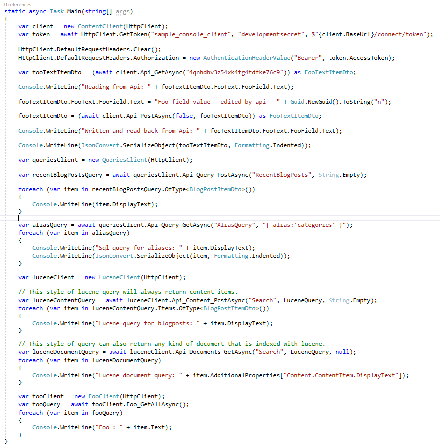 A simple console application calling the endpoints using the HttpClient