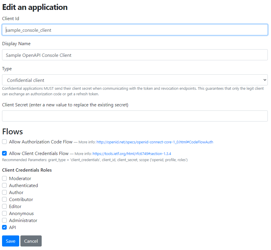 The console client is using client credentials flow with the API role