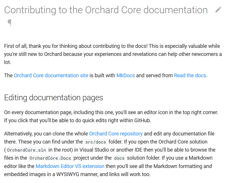 Documentation about how to contribute to the documentation of Orchard Core