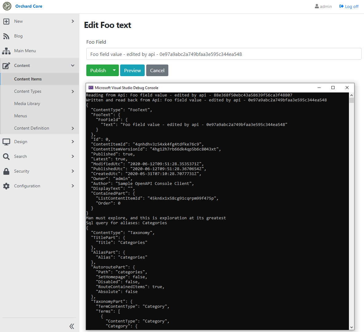 Updating content item with the console application using APIs