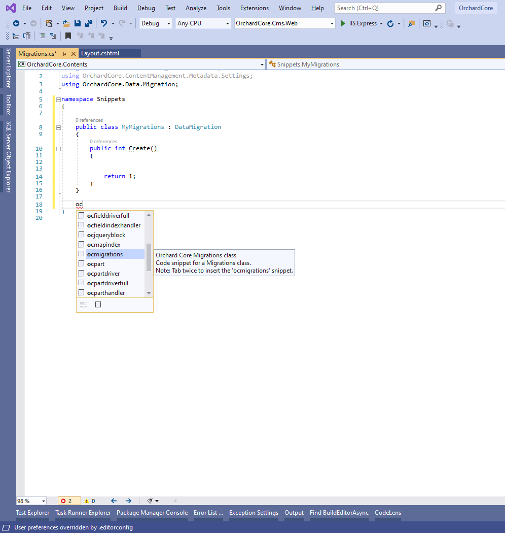 Using the ocmigrations Visual Studio code snippet