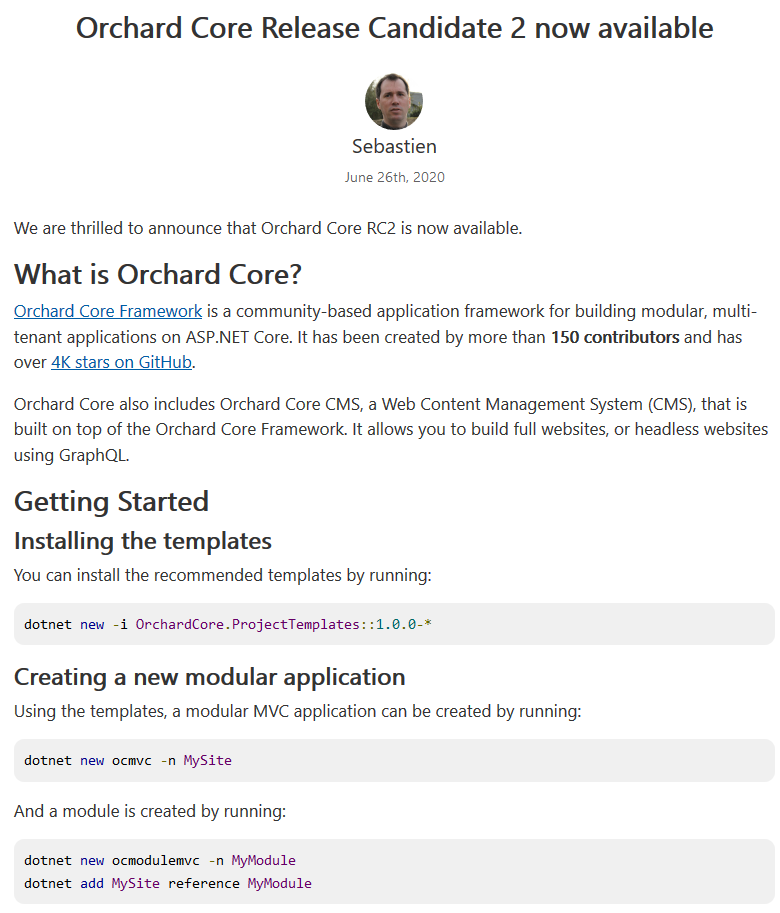 Orchard Core RC 2 post on the ASP.NET Blog