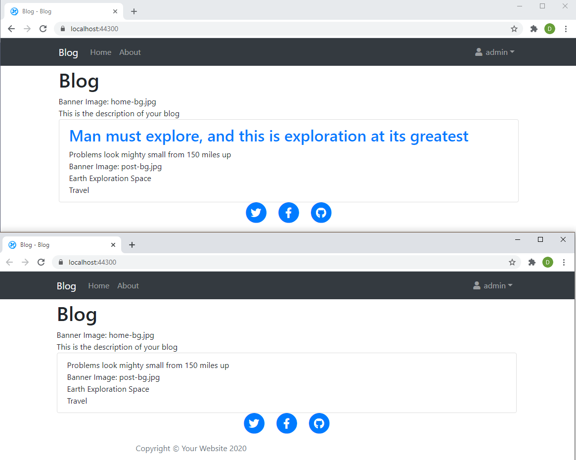 A blog post with and without the rendered title
