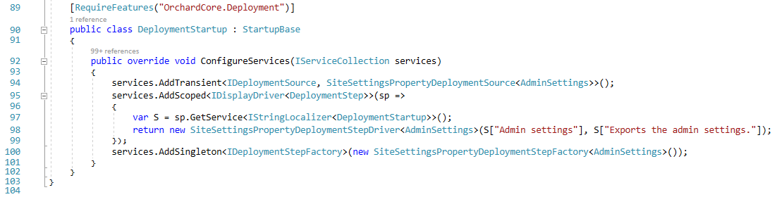 The DeploymentStartup class in the Admin module