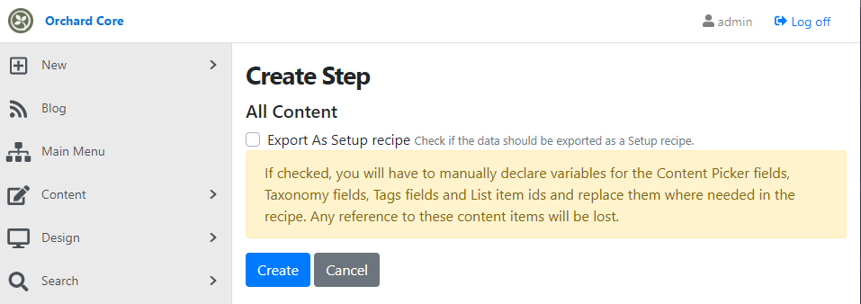 The Export As Setup recipe checkbox in the All Content deployment step