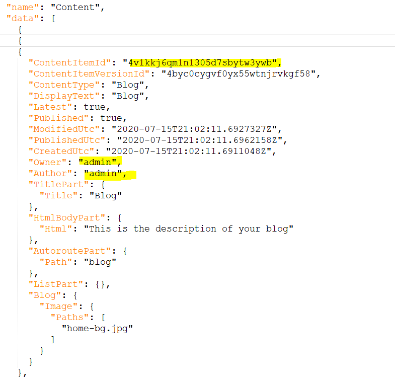 A recipe with content item IDs and the user
