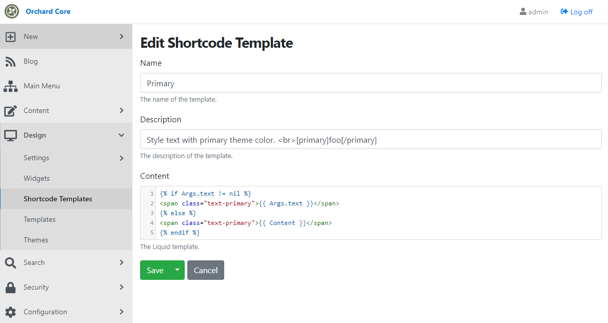 Creating a new Shortcode Template from the admin UI