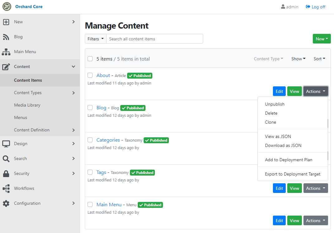 Additional content items actions