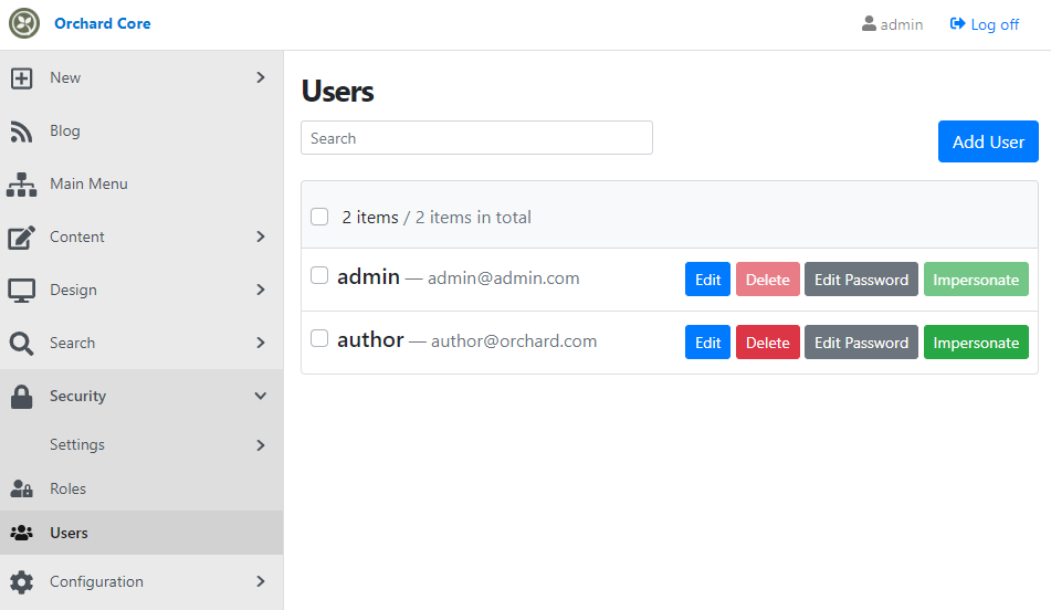 Impersonate button on the Users page