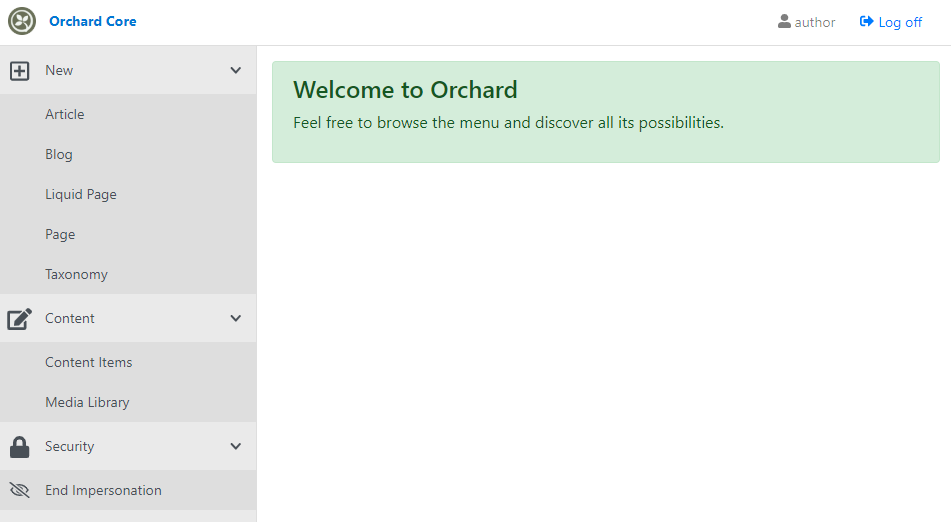 Signed in as a user with the Author role