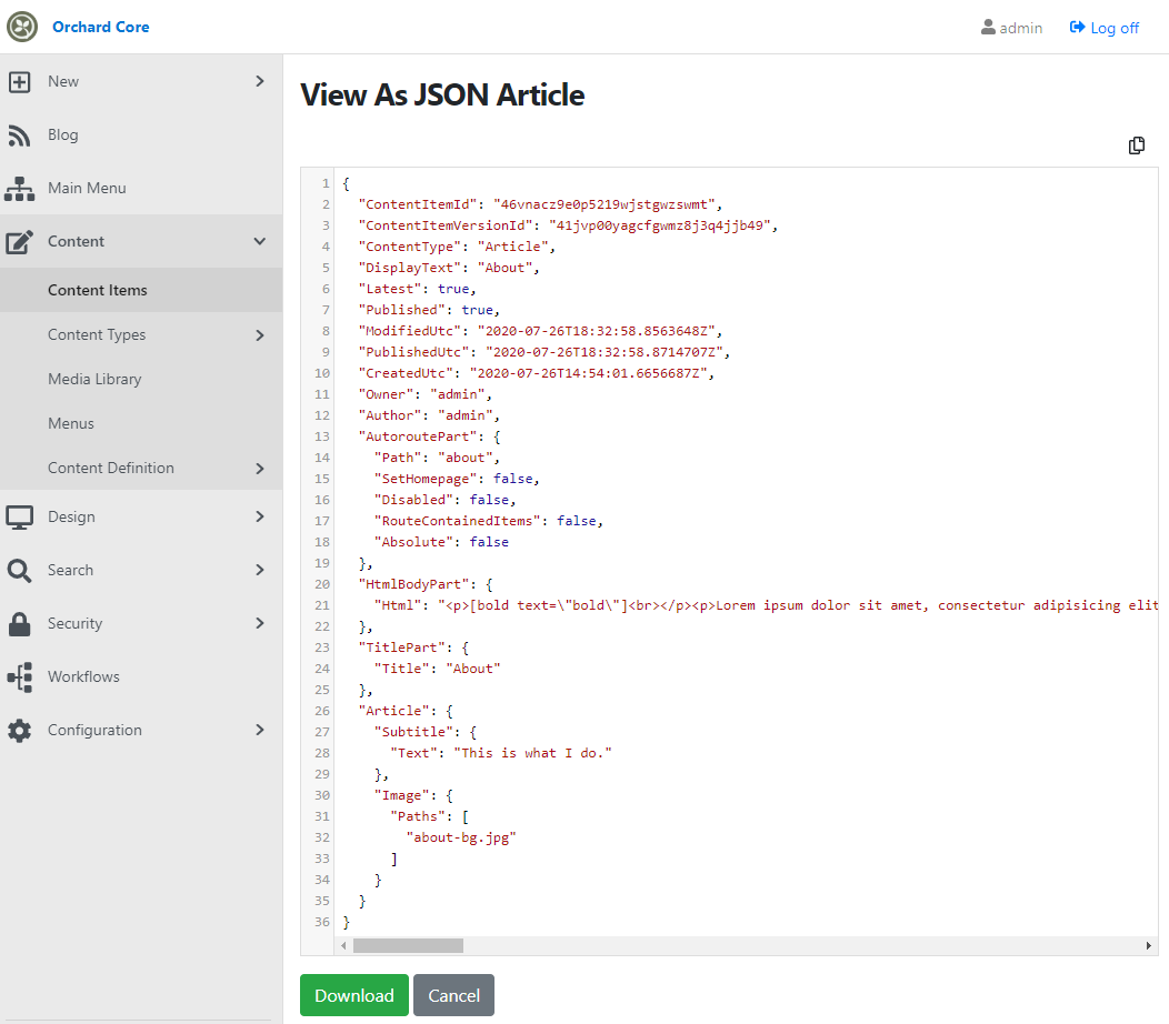 View content item as JSON