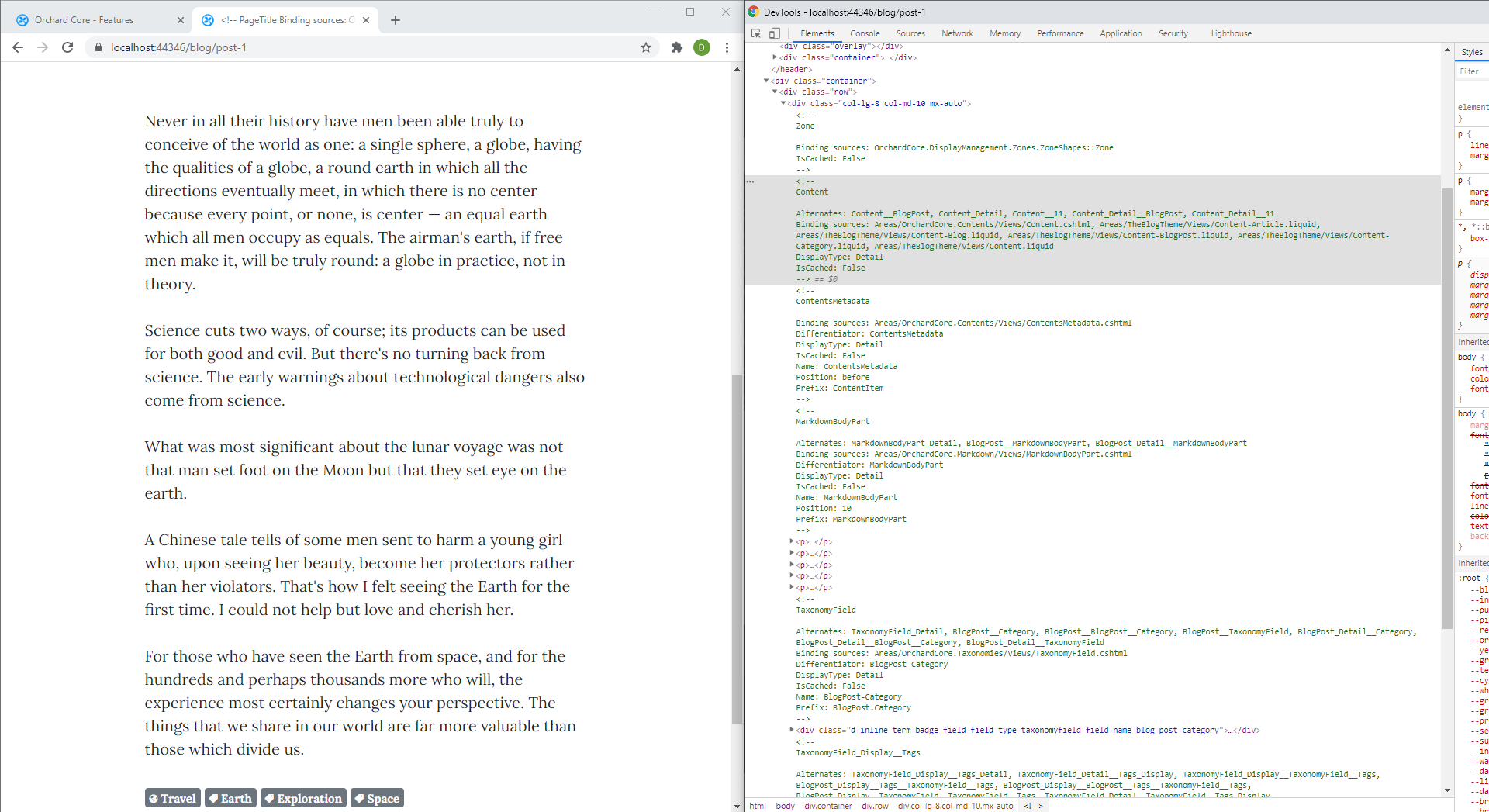 The page source of the built-in blog post