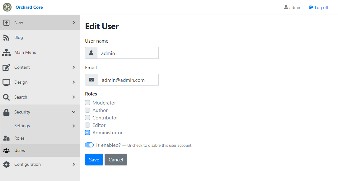 Editing the admin user