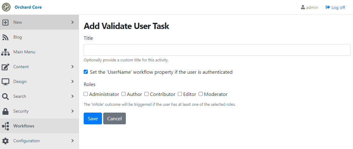 The editor of the Validate User Task