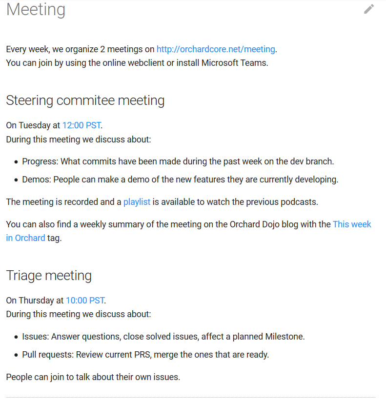 New Meeting page in the Orchard Core Documentation