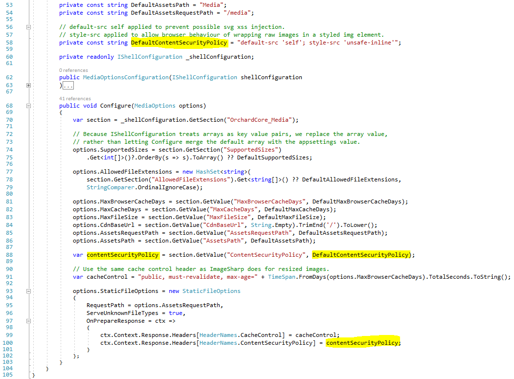 Setting the content security policy header in MediaOptionsConfiguration