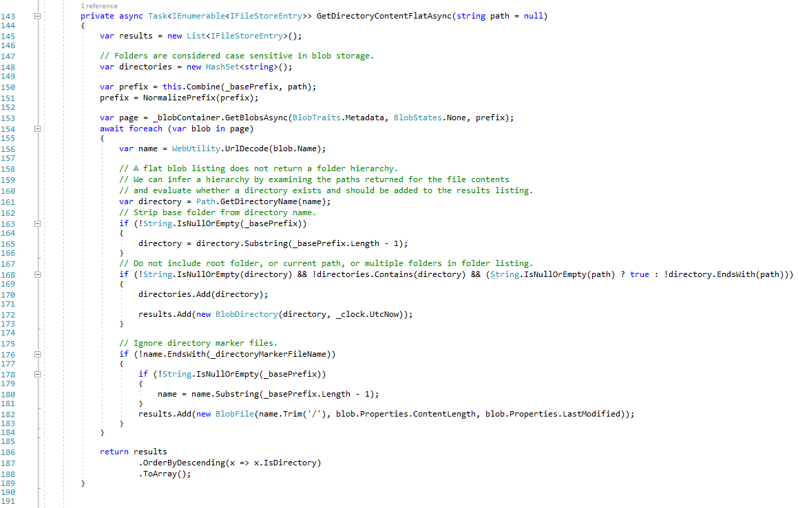 The GetDirectoryContentFlatAsync method in the BlobFileStore class