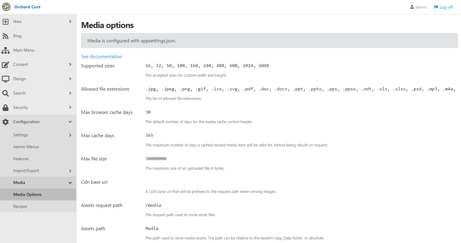 The new Media options admin page