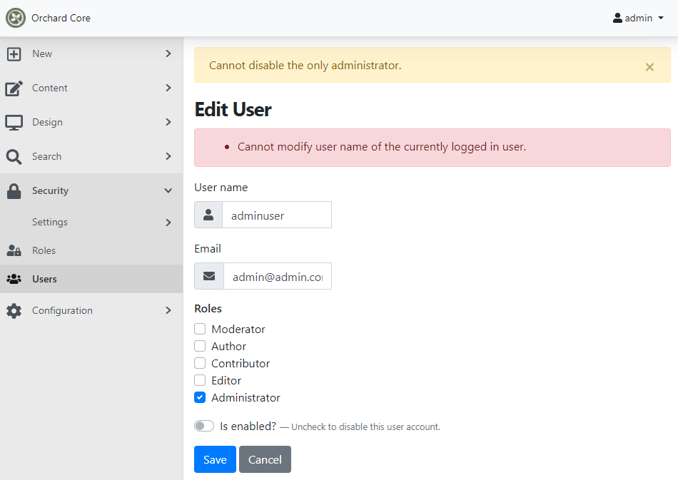 Cannot disable the only administrator user