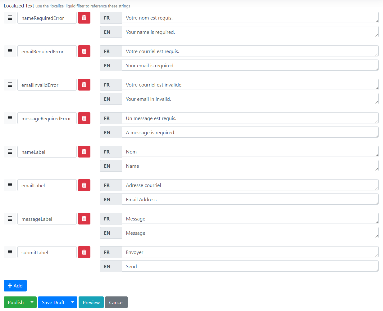The localized texts of the VueForm