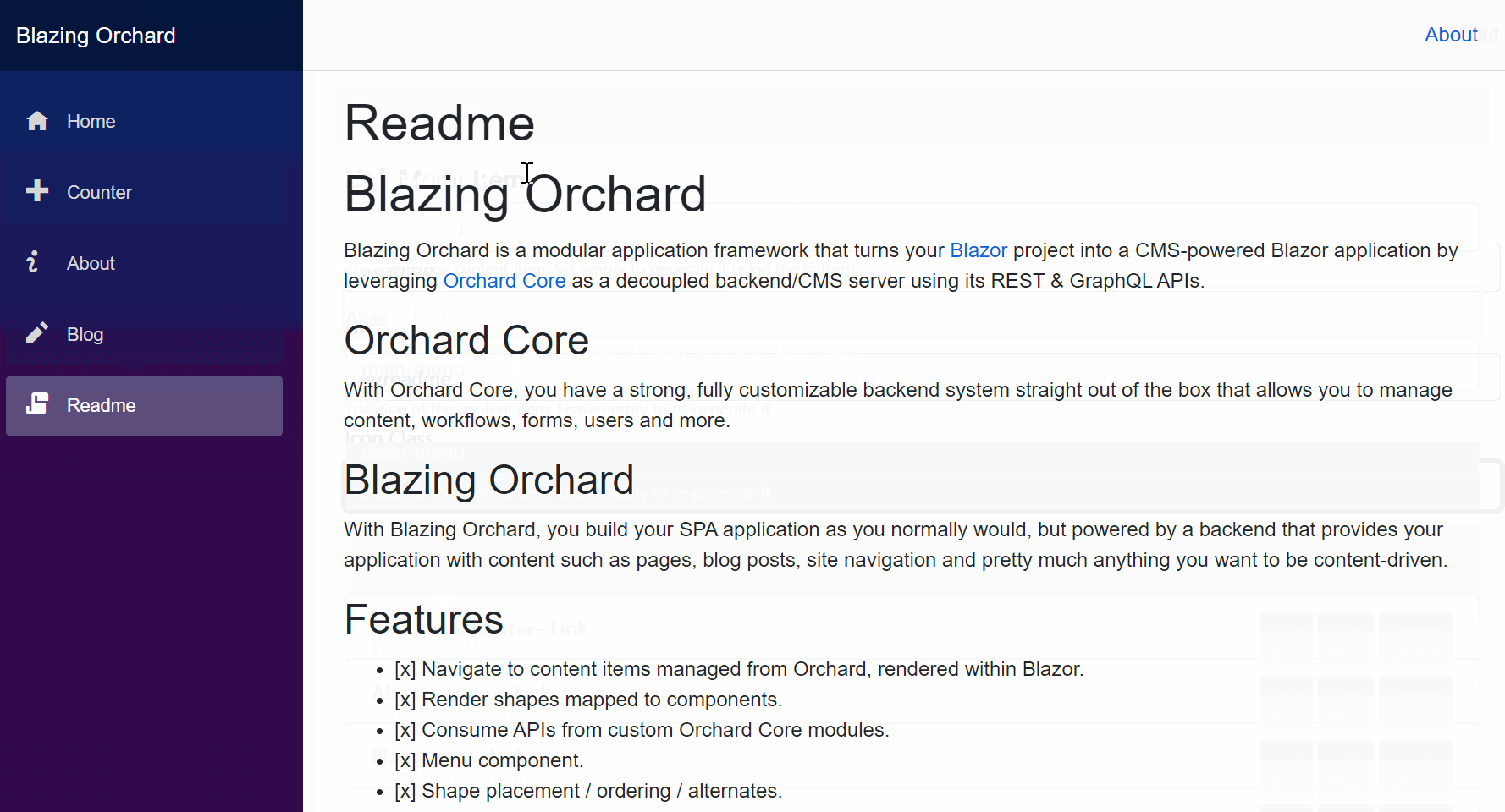 The main menu in the Blazor application