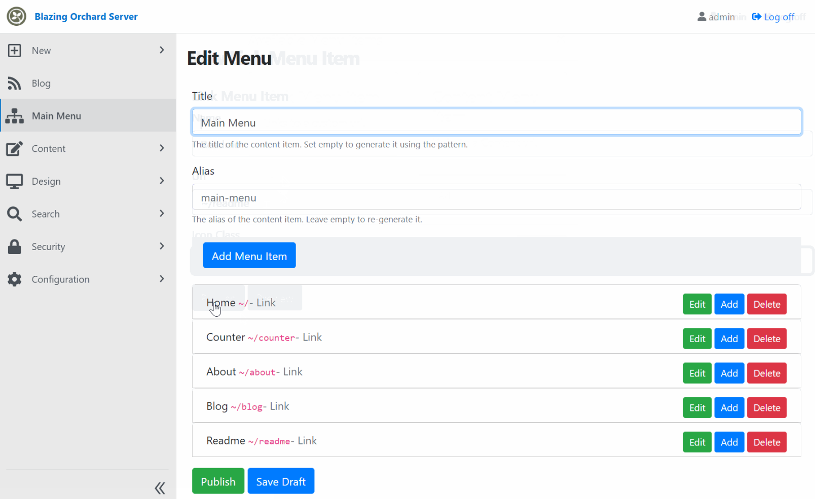 Editing the menu in the Orchard Core site