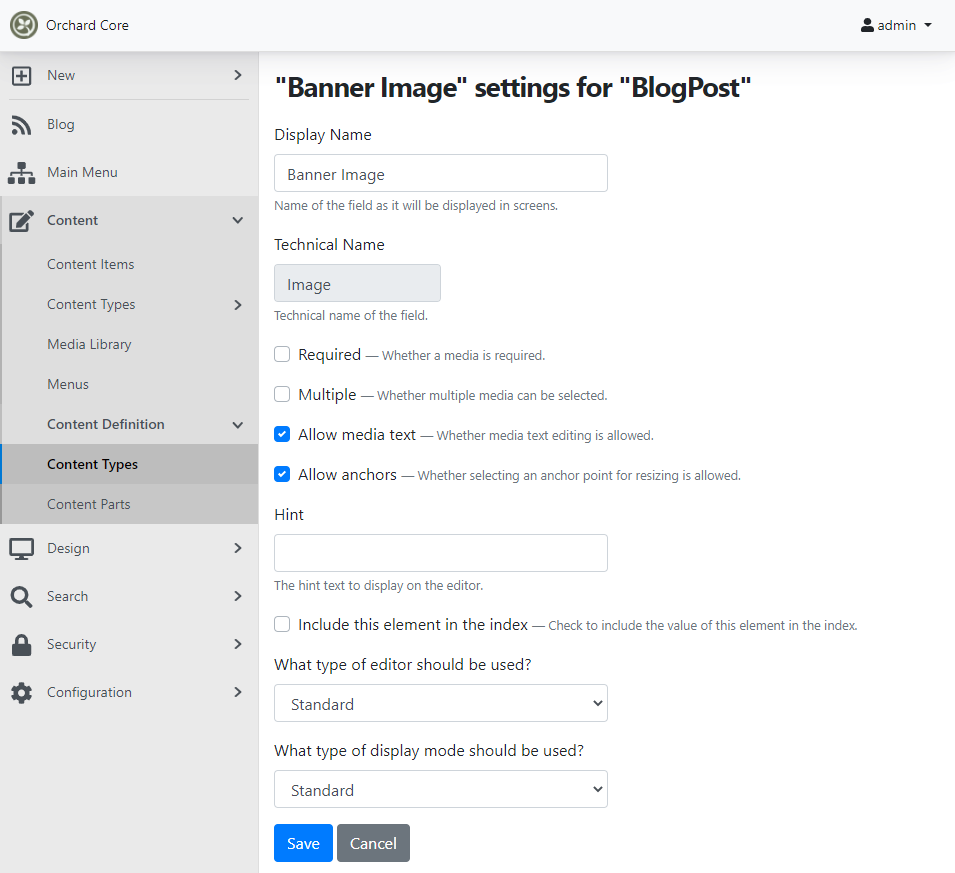 Allow media text and allow anchors media field settings