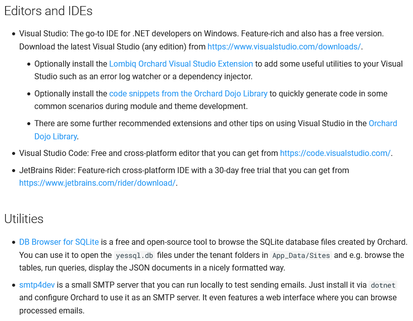 Development Tools page in the documentation