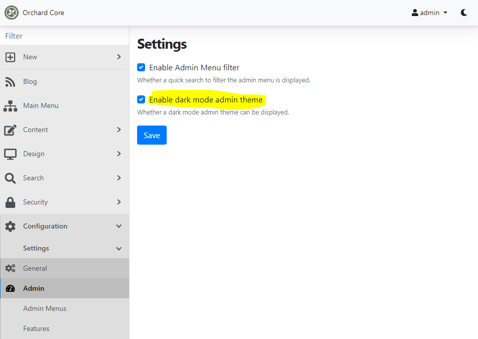 Checkbox to enable the dark mode admin theme