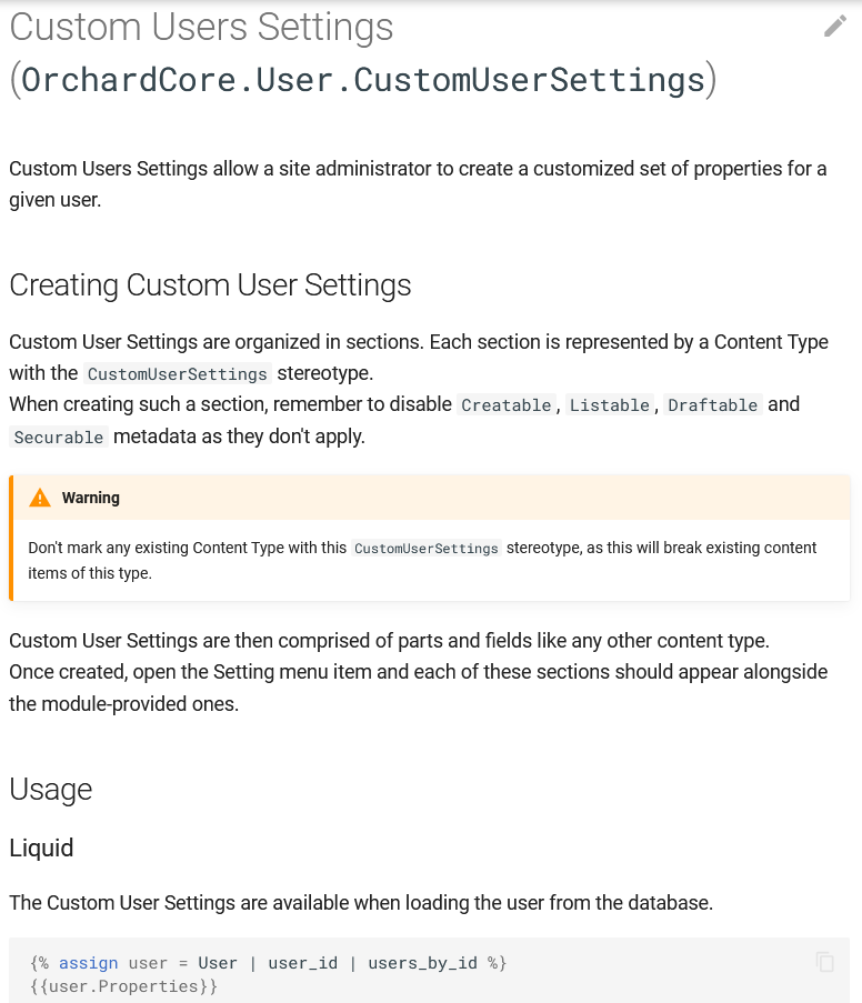 Custom User Settings documentation