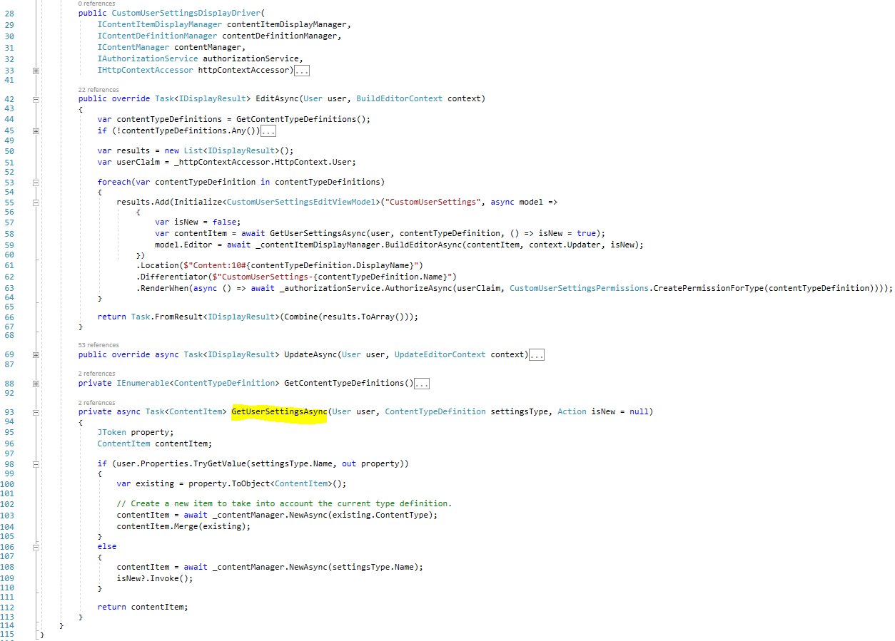 The GetUserSettingsAsync method in the CustomUserSettingsDisplayDriver