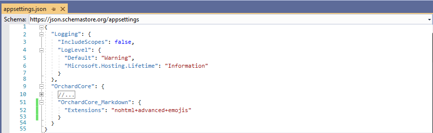 Using the appsettings.json to set the Markdown settings