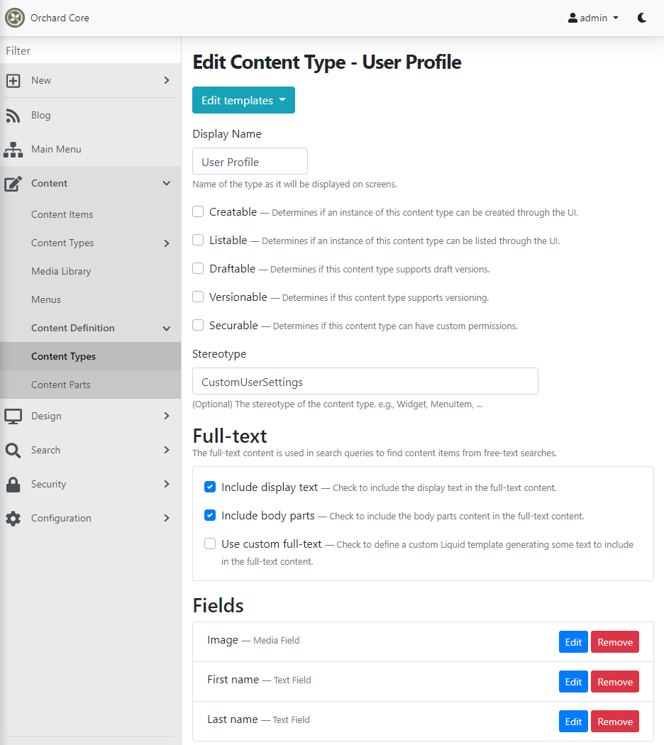 A content type with the CustomUserSettings stereotype