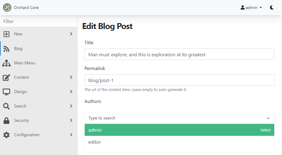 Set the value of the Authors field of the Blog Post content type