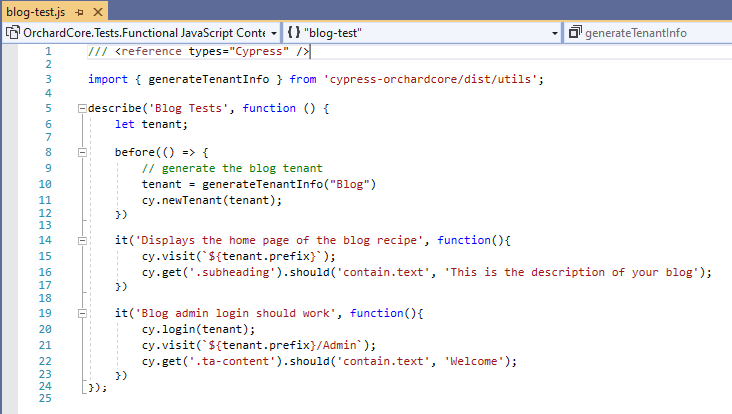 The content of the Blog Tests Cypress test script