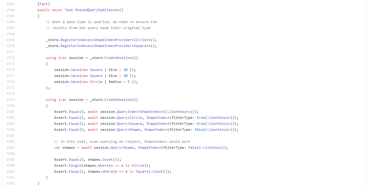 The ShouldQuerySubClasses unit test in YesSql