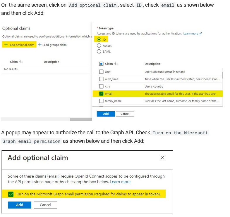 The optional claim step in the AAD integration document