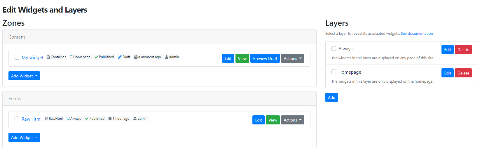 Widgets page