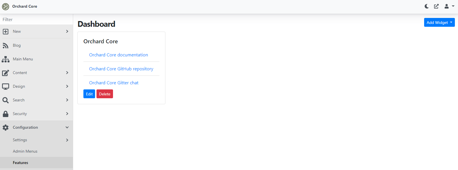 The admin dashboard with the predefined widget