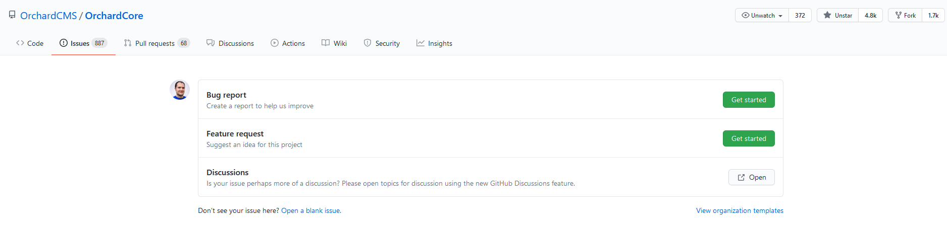 Submitting a new issue into the Orchard Core repository